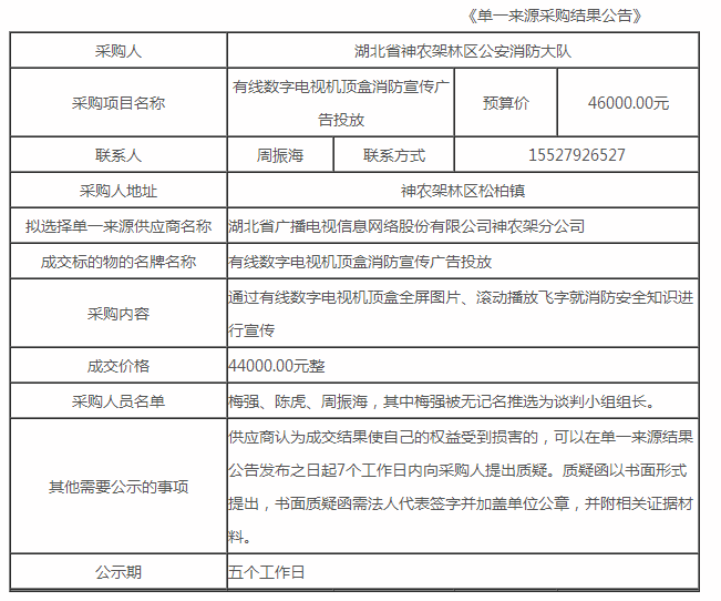 有線(xiàn)數字電視機頂盒消防宣傳廣告投放單一來(lái)源采購結果公告